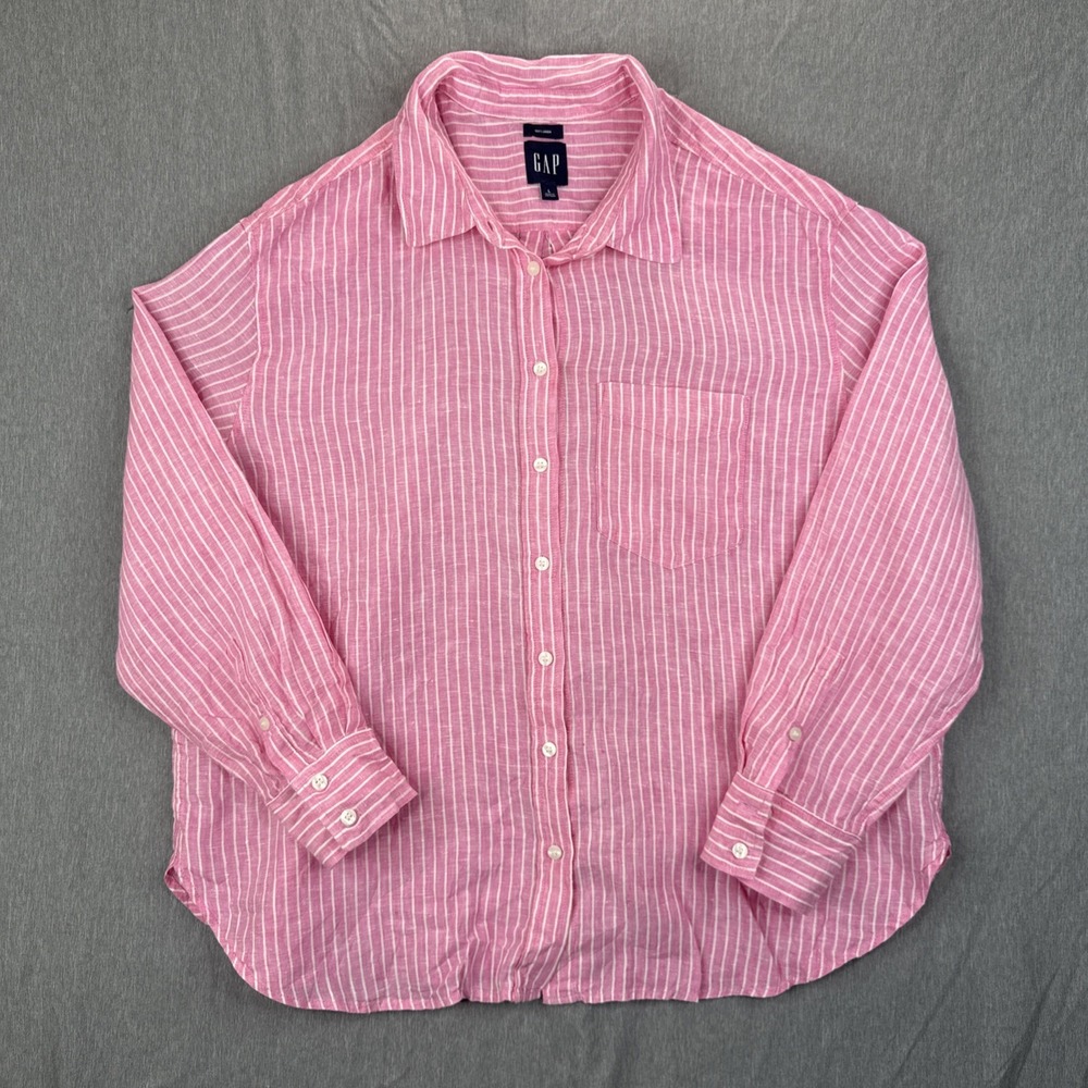 Gap Shirt Pink White Striped 100% Linen Button Down Large Beach Coastal Vacation
